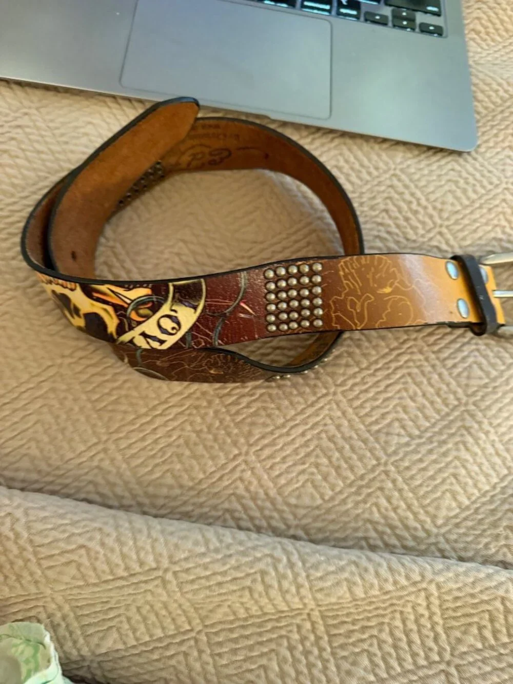 Ed Hardy Womens Studded Tattoo-inspired Belt Size M Brown Leather Casual Y2k
